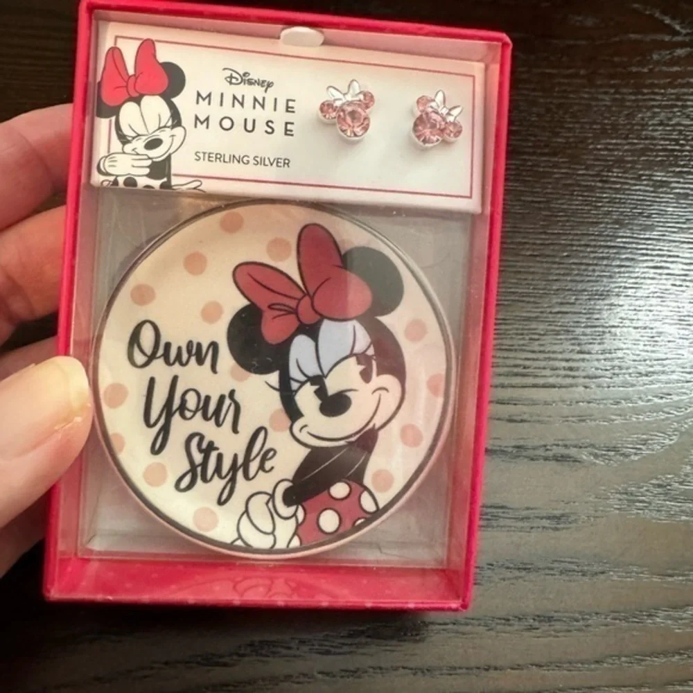 Disney New Minnie Mouse Sterling Silver 925 pink crystal earrings dish gift